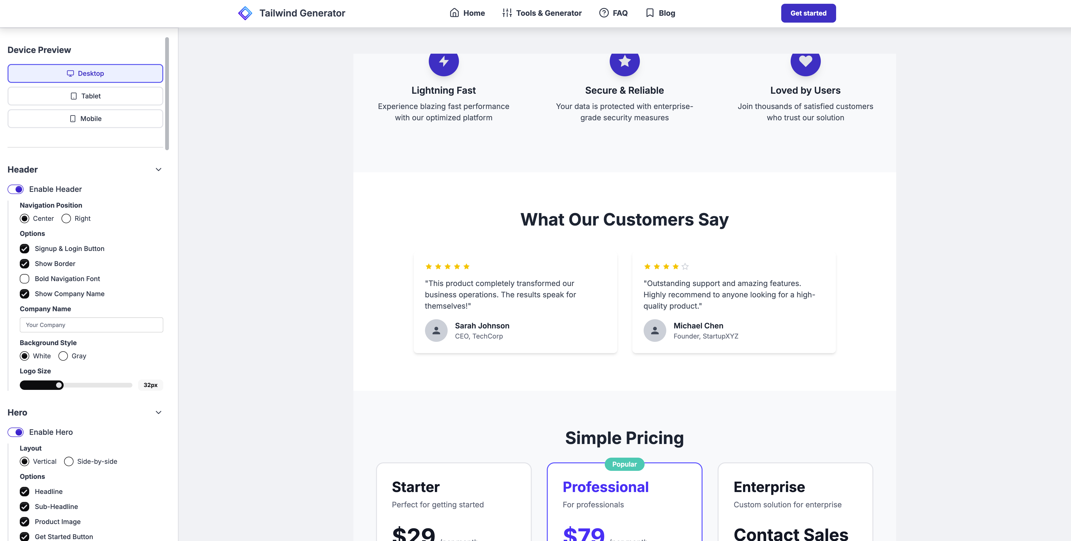 Tailwind Landing Page Generator Preview